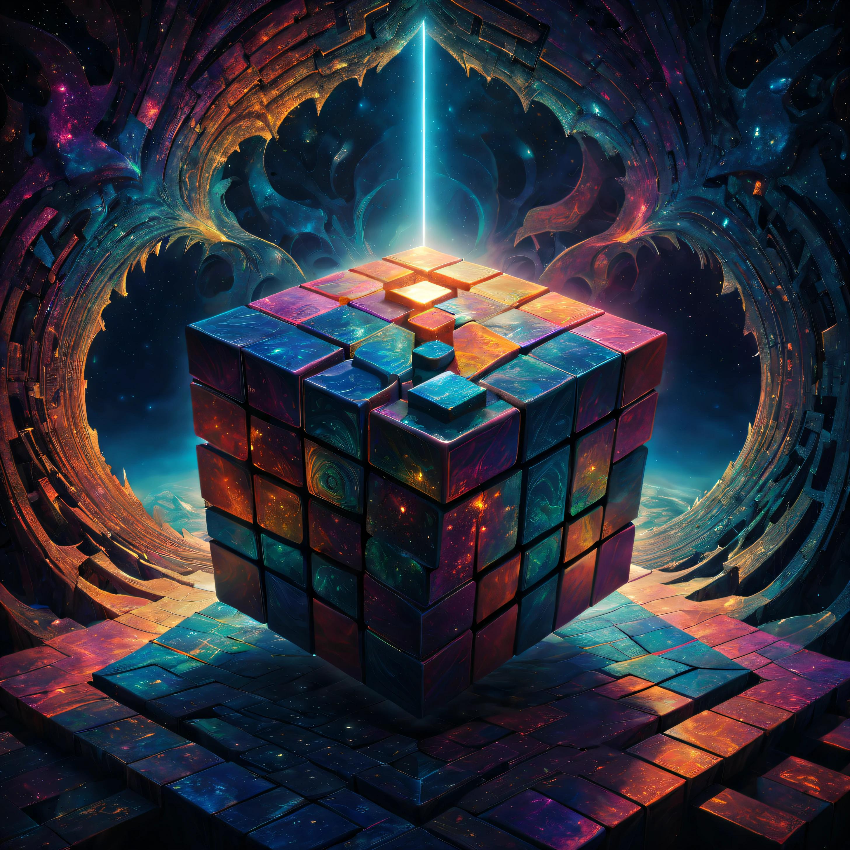 Rubik's strange geometric shapes'cubo'CUBOS,abstrato,forma fractal,vibrante com cores,ethereal lighting,The content is very detailed,psychedelic,3Drendering,paisagens de outro mundo,Unconventional perspective,unpredictable patterns,verdadeiramente uma obra-prima,arte digital ultra detalhada,Visuais Trippy,transcendent experience,cosmic energy,reino astral,mathematical beauty,Estruturas infinitamente complexas,fantasia alucinante,Caos harmonioso,atmosfera maravilhosa,paisagem de sonho surreal,hypnotic symmetry,Portais misteriosos,Explore between dimensions,Geometria Celestial,Infinite dimensions,realidade aumentada digital,espetacular ,realidade que muda a mente,Perceptual change,The possibilities are endless,universo interligado,beleza estranha,evocative abstraction,Os tamanhos combinam perfeitamente