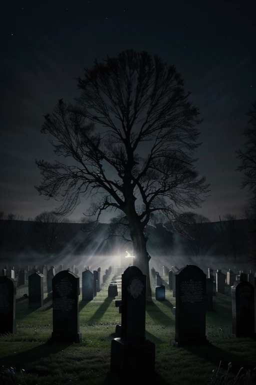 (best quality,4k,8k,highres,masterpiece:1.2),ultra-detailed,(realistic,photorealistic,photo-realistic:1.37),dark graveyard at night,moonlight shining on tombstones,eerie fog,creepy atmosphere,old and crumbling tombstones,mysterious shadows,hauntingly beautiful,spooky,ghostly figures,crows perched on tree branches,gloomy and chilling,silent and still night,shadows lurking in the darkness,gravestones covered in moss,haunted and abandoned feeling,whispering winds,gothic architecture,twisted tree branches,cracked pathways,graveyard statues with haunting expressions,moonlit sky with stars shining brightly,ominous silence,bats flying in the night sky,moonlight casting long shadows