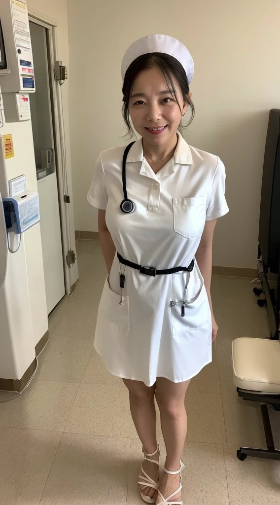 masterpiece, best quality, 16K, hospital, operating room, old woman, interior photo, glad, smiling, standing, front view, long hair, ponytail, black hair, eyes open, (large breasts:1.32), (wrinkles corners eyes:1.32), (nasolabial:1.32), (old skin:1.32), freckled skin, wrinkles skin, pale skin, (old muscles:1.2), plump, {(nurse), (breast pocket), (collared dress), (short dress:1.48), (short sleeves), (thighs), (white dress), (white headwear), (white sandals), (stethoscope)}, beauty mark, 65-year-old, old, elderly, japanese, inside, in the hospital, with a operating table, in the afternoon, real person, ultra realistic photo, nsfw, full body shot, from front, front view