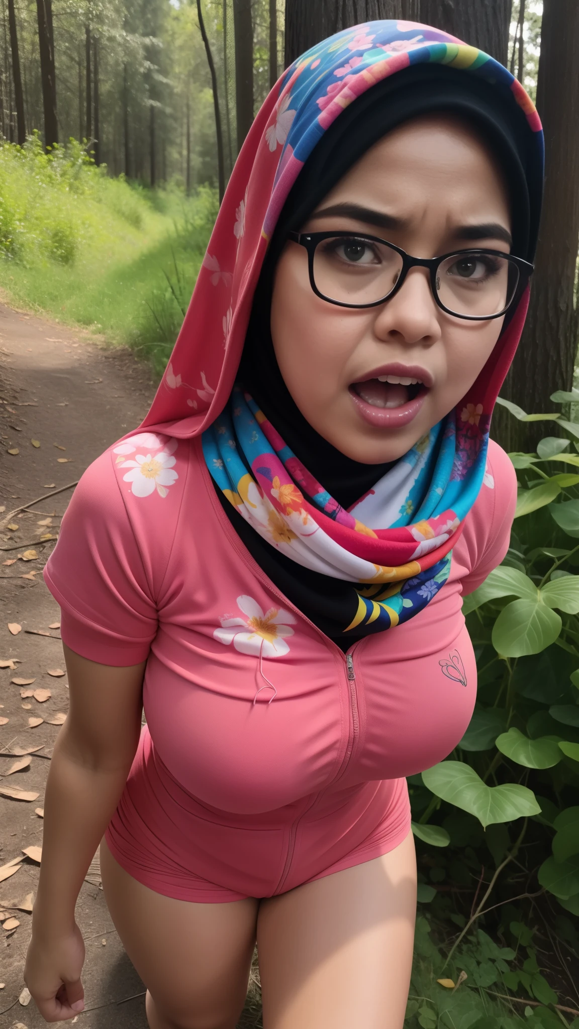 matured 40 years old chubby malay girl in hijab nude body standing and crotch open leg wide showing nude pussy closed up below  and smiling in a dark forest ,with eye close, bottom angle shot, wet body, wet face with ,8k resolution 