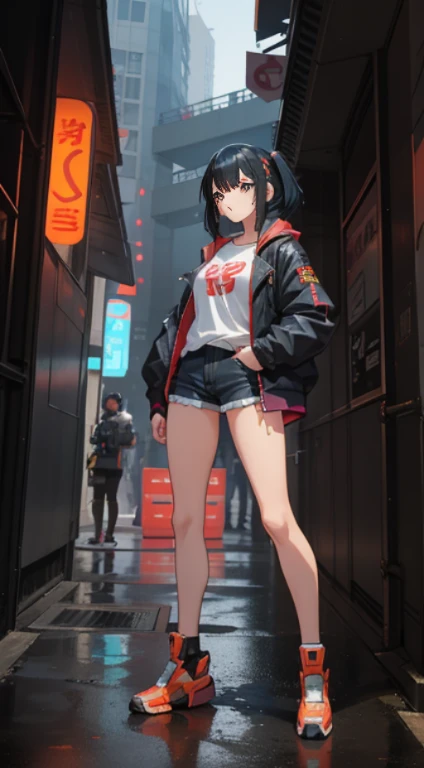 Anime girl in short shorts and jacket standing next to a giant robot, artwork in the style of Gweiz, cyberpunk anime girl mecha, trending on cgstation, Gweiz, Written by Russell Dongjun Lu, digital cyberpunk anime art, lost run 8k, Gweiz on artstation pixiv, Girl wearing mechanical cyber armor