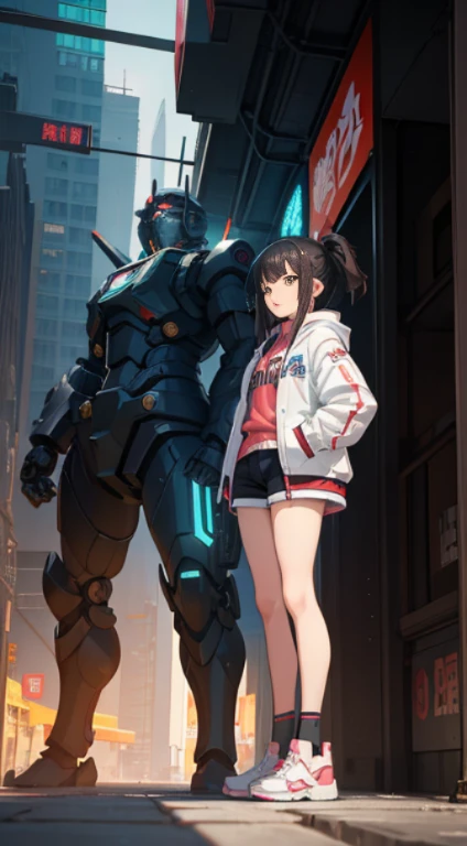 Anime girl in short shorts and jacket standing next to a giant robot, artwork in the style of Gweiz, cyberpunk anime girl mecha, trending on cgstation, Gweiz, Written by Russell Dongjun Lu, digital cyberpunk anime art, lost run 8k, Gweiz on artstation pixiv, Girl wearing mechanical cyber armor
