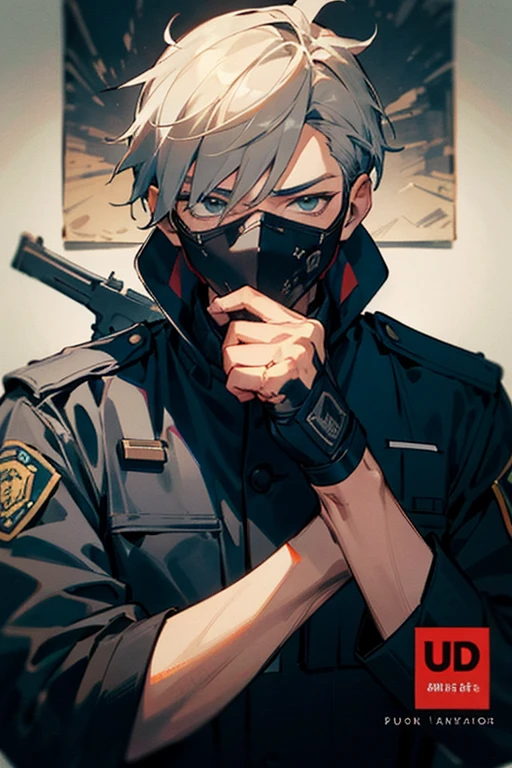 ((best quality)), ((masterpiece)), (detailed), the perfect face of a male, covers his face with a mask, black clothes, uniform, the FBI and police, guns, looks like he's ready to shoot you