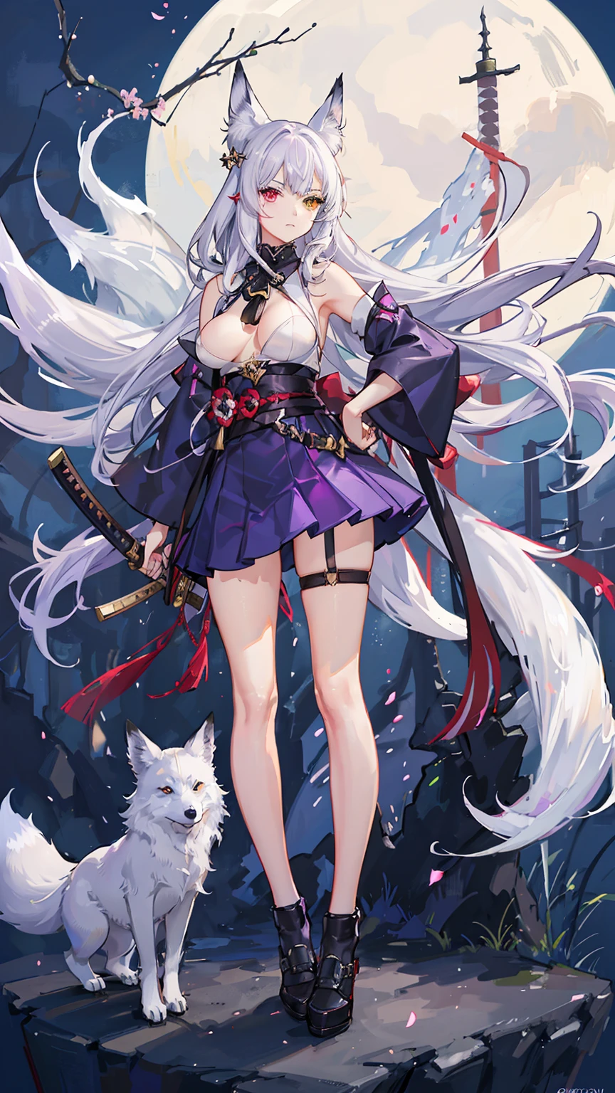 Sfw,1girl,solo,female photo,wearing katana sword,(heterochromia,purple eye,yellow eye),((with white fox)),((big breasts)),beautiful face, navy long hair, shrine maiden outfit,red mini skirt,mysterious mood,in the night,moolight,best quality, high quality, masterpiece, HD,4K,8K