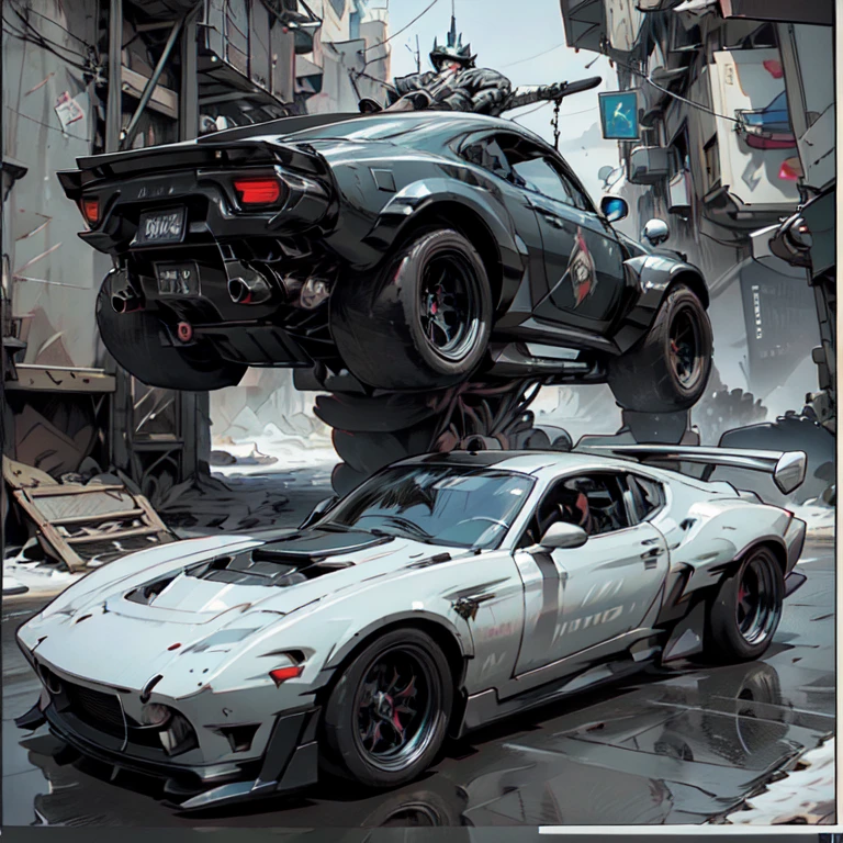 Cool sports cars - post-apocalypse, cyberpunk. Geometry. Highest quality, masterpiece. Image of sports cars. 3D rendering, visualization of a composition from complex fractals. Fantastic composition. Scenery for a science fiction film. Stylization Anime, cyberpunk, comics. The image is stylized as a hand-drawn comic book. Clear graphic outline, color fill. Depth of colors, warm light, cold shadows. Technological forms, cybernetics, electronics, wires. High image quality, 8K | Ultra HD | Full HD, cinematic comic book, 3D _in comic style - linear stroke, color fill, high-quality stroke - a masterpiece, TOP computer graphics ART. 8K, dark lighting, strong shadow. (vivid, anime, comic, creative, sharp focus, 8K).

