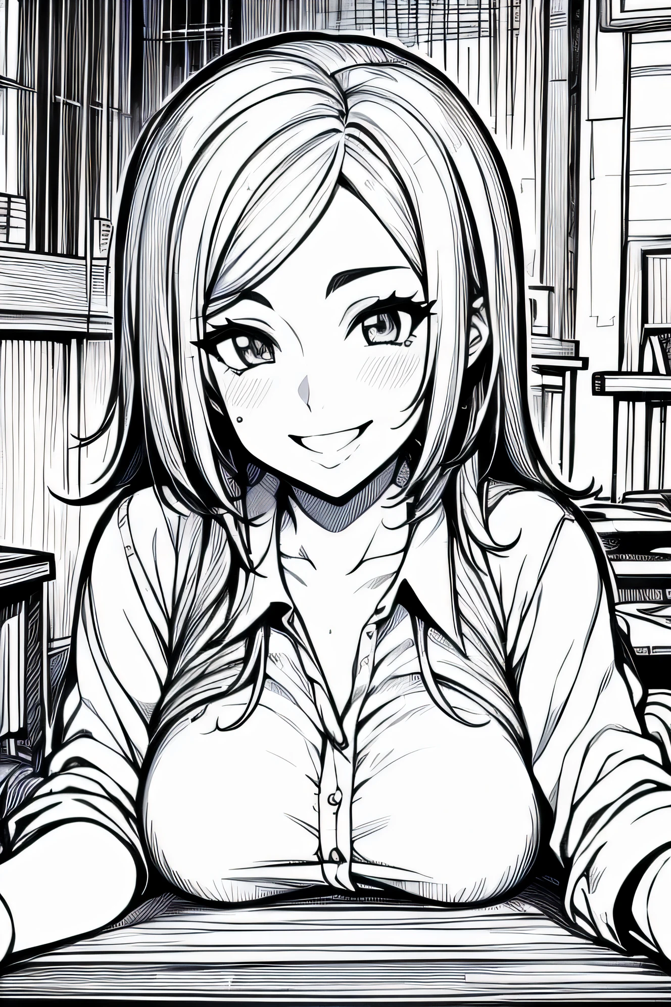 Coloring pages for adults, pretty girl, smile, Bust shot close-up, Studying in the classroom, In the style of anime/manga, Rounded lines, high detail, Abstract shape background, black and white, with out shading, --If 9:16