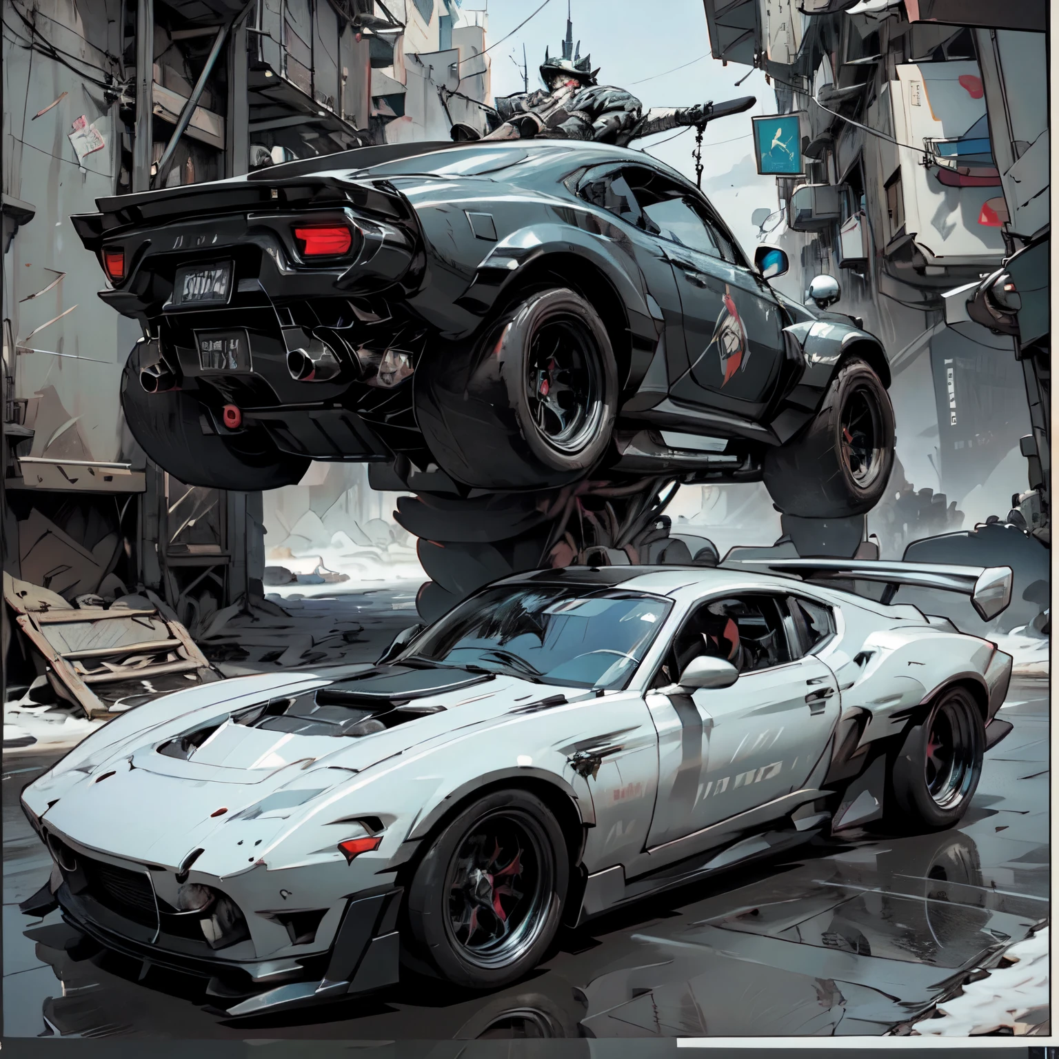 Cool sports cars - post-apocalypse, cyberpunk. Geometry. Highest quality, masterpiece. Image of sports cars. 3D rendering, visualization of a composition from complex fractals. Fantastic composition. Scenery for a science fiction film. Stylization Anime, cyberpunk, comics. The image is stylized as a hand-drawn comic book. Clear graphic outline, color fill. Depth of colors, warm light, cold shadows. Technological forms, cybernetics, electronics, wires. High image quality, 8K | Ultra HD | Full HD, cinematic comic book, 3D _in comic style - linear stroke, color fill, high-quality stroke - a masterpiece, TOP computer graphics ART. 8K, dark lighting, strong shadow. (vivid, anime, comic, creative, sharp focus, 8K).