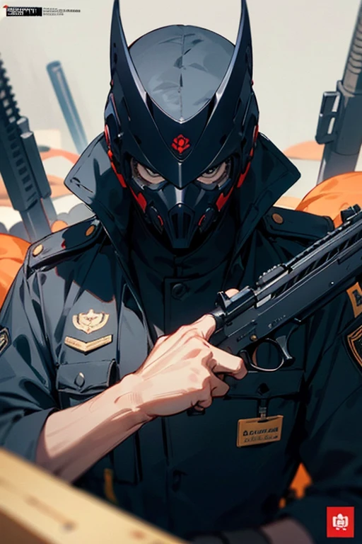 ((best quality)), ((masterpiece)), (detailed), the perfect face of a male, covers his full face with a mask, black clothes, uniform, the FBI and police, guns, looks like he's ready to shoot you, he says 'Look like we have some business to deal with'.