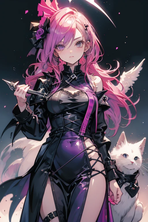 A pink haired female reaper with violet with an hourglass figure is petting a dog in gothic clothing