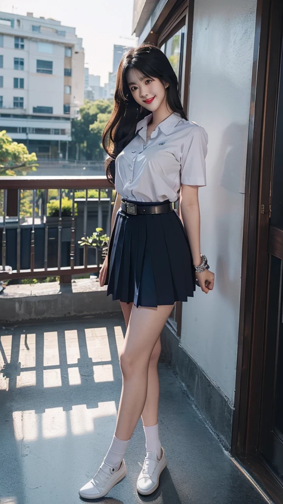 highest resolution, 8K, high definition, (((long hair))), (( thai student, half-caste, Thai-Japanese-Korean, Age 18-25 years, Height 173 centimeters)), (((stand, walk))) , (((Beautiful face, แต่งBeautiful face, Double eyelids, red lips, Smile at the corners of your mouth., Beautiful eyes))), ((beautiful woman, Real figure)), ((short sleeve, Thin white shirt, collar shirt)), ((Name embroidered in blue letters on the right chest of the shirt., have a name "Pornpitak" Rungruangpiwatsakul")), ((สัญลักษณ์โลโก้schoolที่อกซ้าย)), ((Dark blue long pleated skirt., Cover the whole leg)), ((Navy blue skirt, มีbeltผู้หญิง)), ((Big breasts, Breast augmentation)), ((Symmetrical figure, Sexy Body)), ((thin, small waist)), ((black elementary school shoes, Short white socks)), ((Wear a GUESS watch)), ((belt)), ((Chanel Boy Medium 10 Black Caviar RHW Bag)), (((Full body, look at every part of the body))), ((background, balcony, building, school, building))