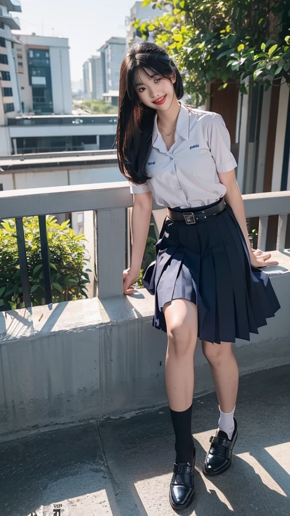 highest resolution, 8K, high definition, (((long hair))), (( thai student, half-caste, Thai-Japanese-Korean, Age 18-25 years, Height 173 centimeters)), (((stand, walk))) , (((Beautiful face, แต่งBeautiful face, Double eyelids, red lips, Smile at the corners of your mouth., Beautiful eyes))), ((beautiful woman, Real figure)), ((short sleeve, Thin white shirt, collar shirt)), ((Name embroidered in blue letters on the right chest of the shirt., have a name "Pornpitak" Rungruangpiwatsakul")), ((สัญลักษณ์โลโก้schoolที่อกซ้าย)), ((Dark blue long pleated skirt., Cover the whole leg)), ((Navy blue skirt, มีbeltผู้หญิง)), ((Big breasts, Breast augmentation)), ((Symmetrical figure, Sexy Body)), ((thin, small waist)), ((black elementary school shoes, Short white socks)), ((Wear a GUESS watch)), ((belt)), ((Chanel Boy Medium 10 Black Caviar RHW Bag)), (((Full body, look at every part of the body))), ((background, balcony, building, school, building))