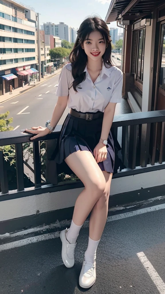 highest resolution, 8K, high definition, (((long hair))), (( thai student, half-caste, Thai-Japanese-Korean, Age 18-25 years, Height 173 centimeters)), (((stand, walk))) , (((Beautiful face, แต่งBeautiful face, Double eyelids, red lips, Smile at the corners of your mouth., Beautiful eyes))), ((beautiful woman, Real figure)), ((short sleeve, Thin white shirt, collar shirt)), ((Name embroidered in blue letters on the right chest of the shirt., have a name "Pornpitak" Rungruangpiwatsakul")), ((สัญลักษณ์โลโก้schoolที่อกซ้าย)), ((Dark blue long pleated skirt., Cover the whole leg)), ((Navy blue skirt, มีbeltผู้หญิง)), ((Big breasts, Breast augmentation)), ((Symmetrical figure, Sexy Body)), ((thin, small waist)), ((black elementary school shoes, Short white socks)), ((Wear a GUESS watch)), ((belt)), ((Chanel Boy Medium 10 Black Caviar RHW Bag)), (((Full body, look at every part of the body))), ((background, balcony, building, school, building))