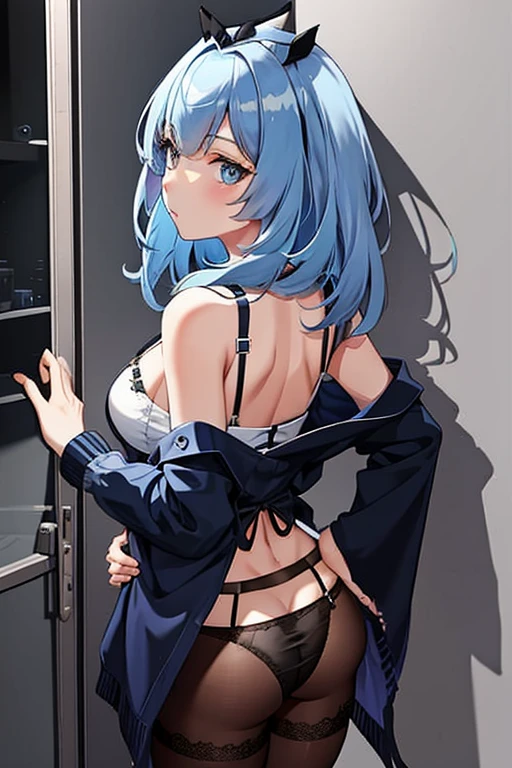 blue hair,big breasts,underwear,garter belt, black tights, underwearをずらす,whole body,Put your hand on the wall,backwards,Turn your butt,Putting out the belly button