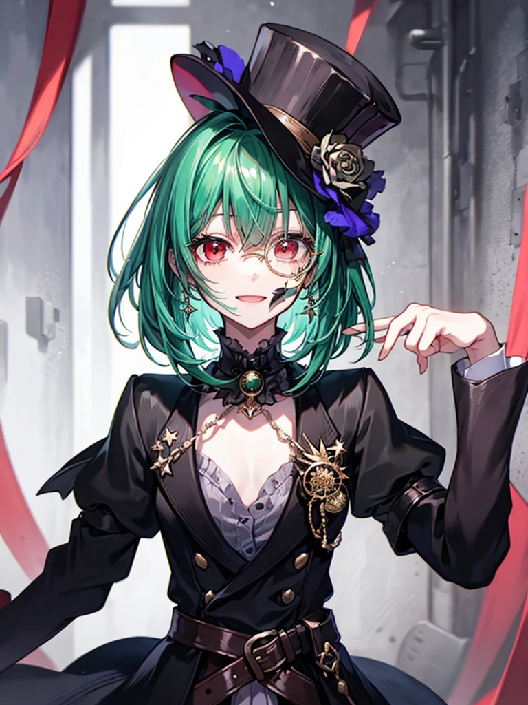 (((masterpiece、Highest image quality、highest quality、highly detailed unity 8kwallpaper)))、((Illustration of one girl、upper body))、(((beautiful girl)))、(Emerald green hair、messy hair、sidelocks:1.2、red eyes、crazy smile)、(((flat chest)))、(((monocle)))、pocket watch、(((Black top hat、Black tuxedo、belt)))