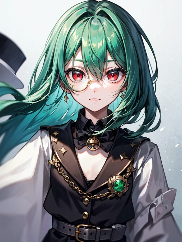 (((masterpiece、Highest image quality、highest quality、highly detailed unity 8kwallpaper)))、((Illustration of one girl、upper body))、(((beautiful girl)))、(Emerald green hair、messy hair、sidelocks:1.2、red eyes、crazy smile)、(((flat chest)))、(((monocle)))、pocket watch、(((Black top hat、Black tuxedo、belt)))