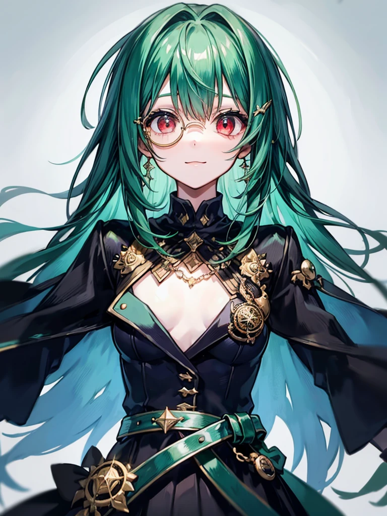 (((masterpiece、Highest image quality、highest quality、highly detailed unity 8kwallpaper)))、((Illustration of one girl、upper body))、(((beautiful girl)))、(Emerald green hair、messy hair、sidelocks:1.2、red eyes、crazy smile)、(((flat chest)))、(((monocle)))、pocket watch、(((Black top hat、Black tuxedo、belt)))