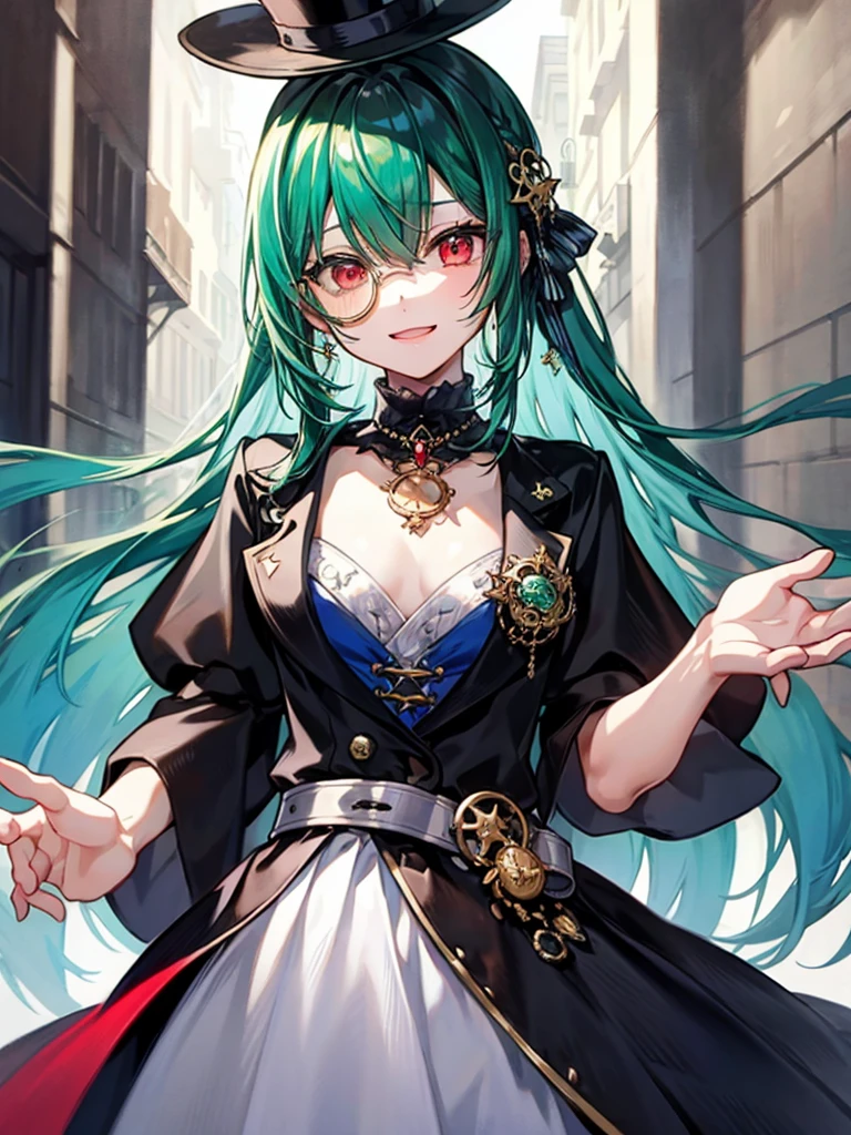 （（（masterpiece、Highest image quality、highest quality、highly detailed unity 8ｋwallpaper）））、（（Illustration of one girl、upper body））、（（（beautiful girl）））、（Emerald green hair、messy hair、sidelocks：1.2、red eyes、crazy smile）、（（（flat chest）））、（（（monocle）））、pocket watch、（（（Black top hat、Black tuxedo、belt）））