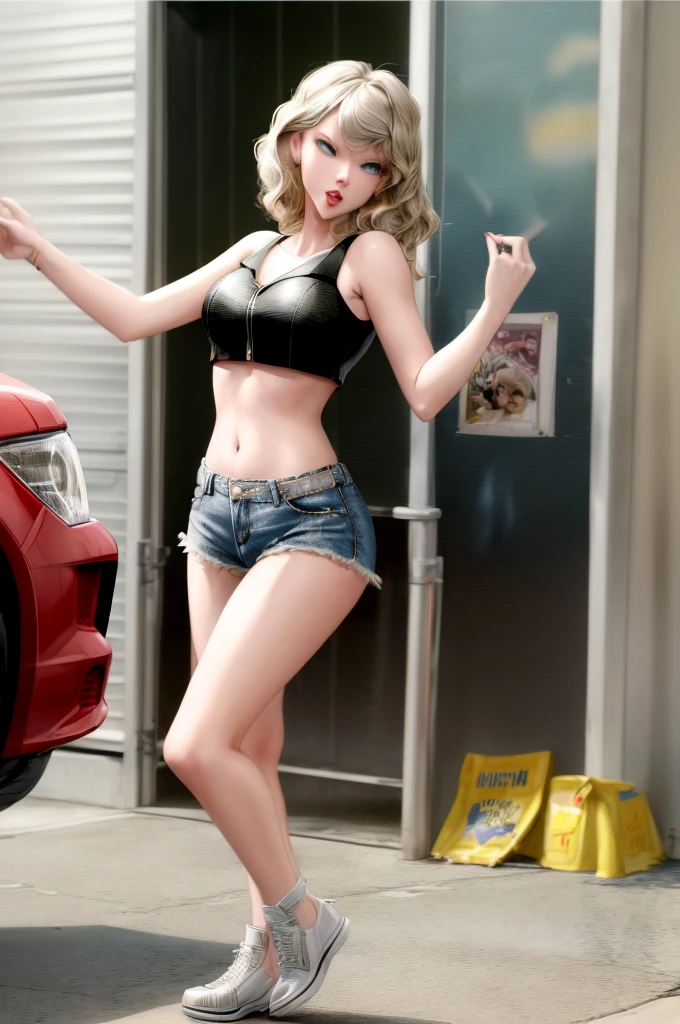 singer Taylor swift(age 30), she is dressed as a trailer park queen in daisy dukes and a revealing crop top, she is working a street corner waiting to get a John, she looks like a tweaker, 