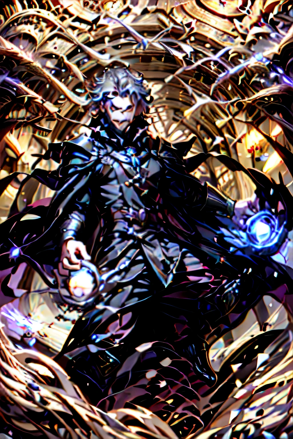 Royal warrior, Boy, Male, Man, silver hair, curly hair, short hair, messy hair, wavy hair, empty eyes, blank eyes, hollow eyes, half-closed eyes, eye reflection, dilated pupils, white eyes, colored eyelashes, crystal earrings, evil smile, serious, evil, anime style, high detail, depth of field, sparkle, glowing light, ray tracing, image fill, best quality, HD, textured skin, super detail