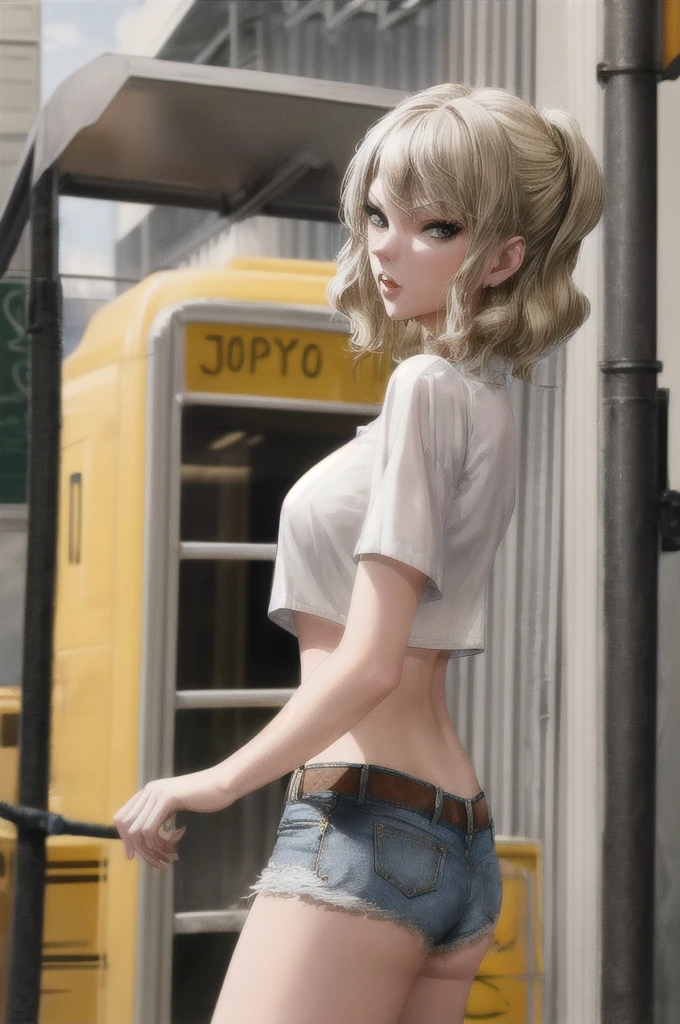 singer Taylor swift(age 30), she is dressed as a trailer park queen in daisy dukes and a revealing crop top, she is working a street corner waiting to get a John, she looks like a tweaker,