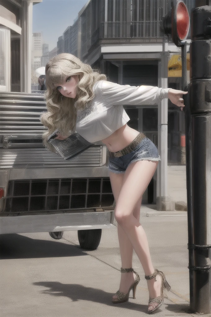 singer Taylor swift(age 30), she is dressed as a trailer park queen in daisy dukes and a revealing crop top, she is working a street corner waiting to get a John, she looks like a tweaker,