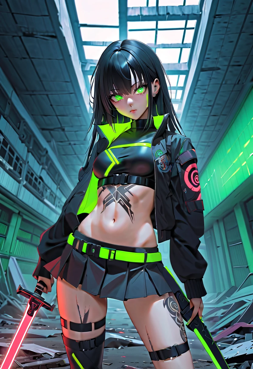 1 girl, solo, long_hair, bangs_between_the_eyes black_hair_with_strands_green, bi_color_ green_neon eyes, sexy_face, HOLDING IN HIS HANDS A SWORD STICKED INTO THE GROUND, cyberpunk_clothes, short_jacket, navel appears, short_skirt, scarred_legs, left_arm_band, tattoo_above_navel_background_of_abandoned_AIRPORT_red, manga_style_image .
