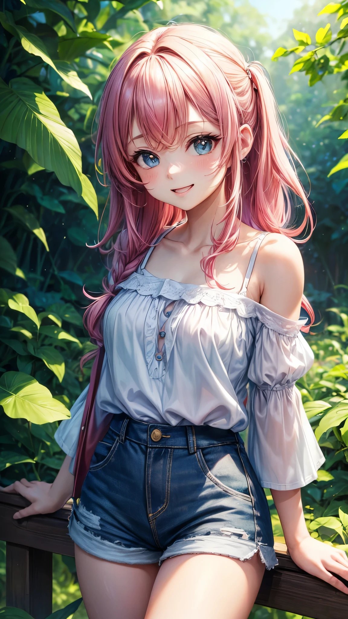(highres,masterpiece:1.2),detailed,1_girl waifu, playing handheld,wearing offtheshoulder shirt,mini shorts,portraits,anime style,vibrant colors,pastel color palette,warm lighting,blurred background,greenery in the background,breezy atmosphere,relaxed expression,bright eyes,happy smile,flowing hair,soft sunlight filtering through the leaves