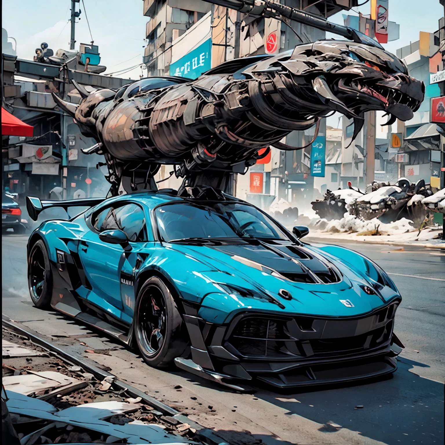 Cool sports cars - post-apocalypse, cyberpunk. Geometry. Highest quality, masterpiece. Image of sports cars. 3D rendering, visualization of a composition from complex fractals. Fantastic composition. Scenery for a science fiction film. Stylization Anime, cyberpunk, comics. The image is stylized as a hand-drawn comic book. Clear graphic outline, color fill. Depth of colors, warm light, cold shadows. Technological forms, cybernetics, electronics, wires. High image quality, 8K | Ultra HD | Full HD, cinematic comic book, 3D _in comic style - linear stroke, color fill, high-quality stroke - a masterpiece, TOP computer graphics ART. 8K, dark lighting, strong shadow. (vivid, anime, comic, creative, sharp focus, 8K).
