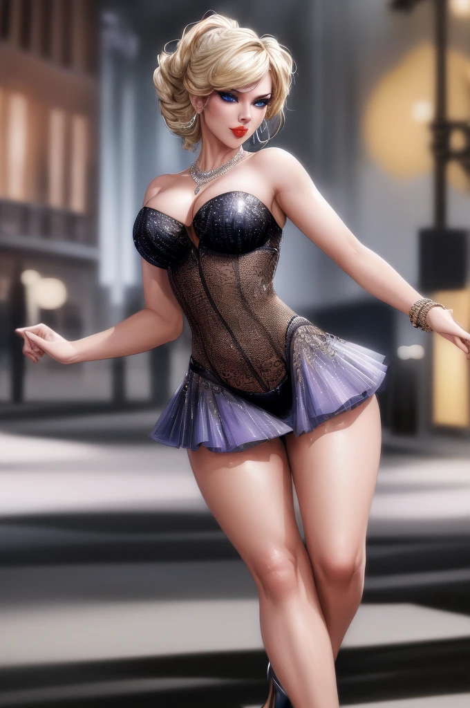 (best quality,4k,8k,highres,masterpiece:1.2),ultra-detailed,(realistic,photorealistic,photo-realistic:1.37),HDR,UHD,studio lighting,ultra-fine painting,sharp focus,physically-based rendering,extreme detail description,professional,vivid colors,bokeh,portraits,blonde hair,bright blue eyes,facial expression: seductive,makeup: bold and glamorous,pouty lips,teaser smile,crooked teeth,sensuous pose,confident body language,diva attitude,high heels,long legs,curvy figure,sexy tattoo revealing,glamorous jewelry: diamond necklace and hoop earrings,flower tattoos,arm tattoos,lace lingerie,provocative poses,enhanced cleavage,urban background: dimly lit street corner,graffiti on the wall,streetlamp illuminating her,night scene,shadowy figure of a man approaching,smoke and fog effects,dynamic composition,striking contrast,dramatic lighting,moody atmosphere,lens flare effect,cool color tone,blue and purple hues,artistic style: pop art,glam rock inspiration,edgy and rebellious look,retro vibes,distorted and exaggerated features,fierce and bold personality,confident and provocative aura.