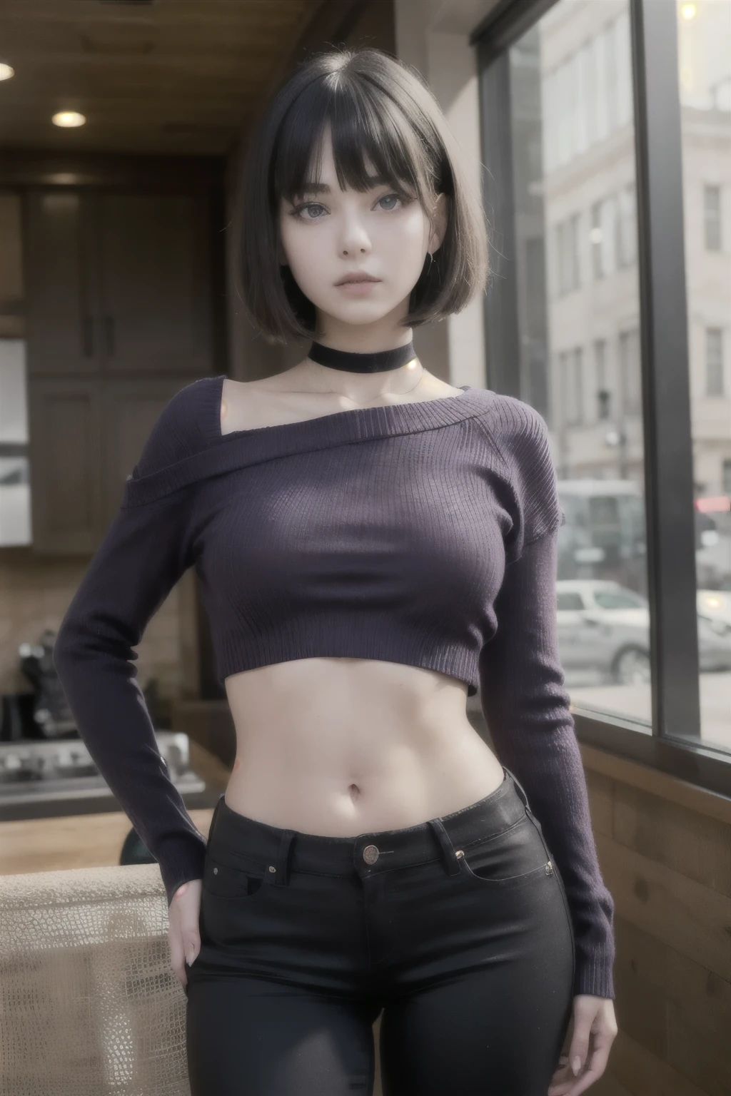 ((Best quality)), ((masterpiece)), (detailed), perfect face, ((Best quality)), ((masterpiece)), (detailed), perfect face европейская девушка с чёрными волосами, shoulder-length hair, forelock, big eyes, ((Purple eyes)), the girl is dressed in a black closed-back long sleeve and black jeans, pale skin, Goth Girl, slender thin girl with short hair, Bob with bangs haircut, Black hair, bangs between the eyebrows, strand of hair between eyebrows, smart facial expression, ((bob hairstyle)), hair above the shoulders, ((in a long sleeve sweater))