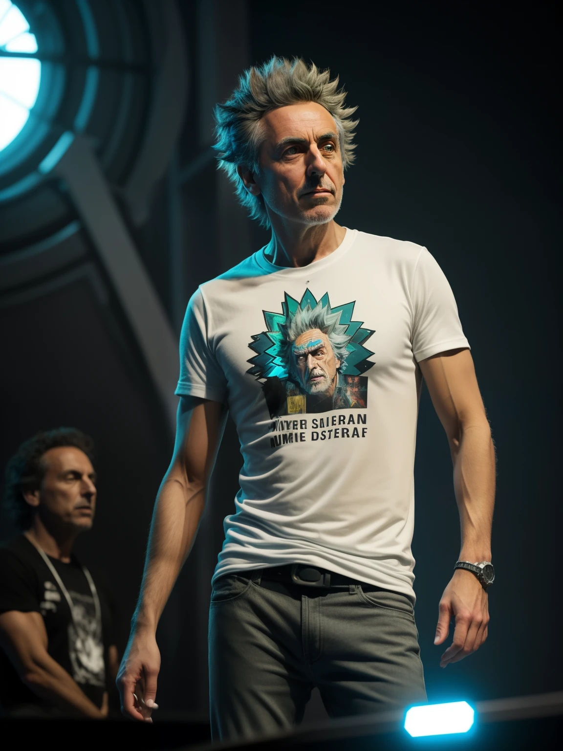 (Rick Sanchez), (estilo cartoon), Rick e Morty Universo, humano (Vestindo um casaco branco de um cientista e camiseta com uma imagem dele e Morty ), (((muscular))) Atey Ghailan, por Jeremy Mann, Greg Manchess, Antonio Moro, trends on artstation, trends at CGSociety, Intricado, alto detalhe, sharp focus, dramatic, arte de pintura fotorrealista de Midjourney e Greg Rutkowski, on stage with microphone speaking