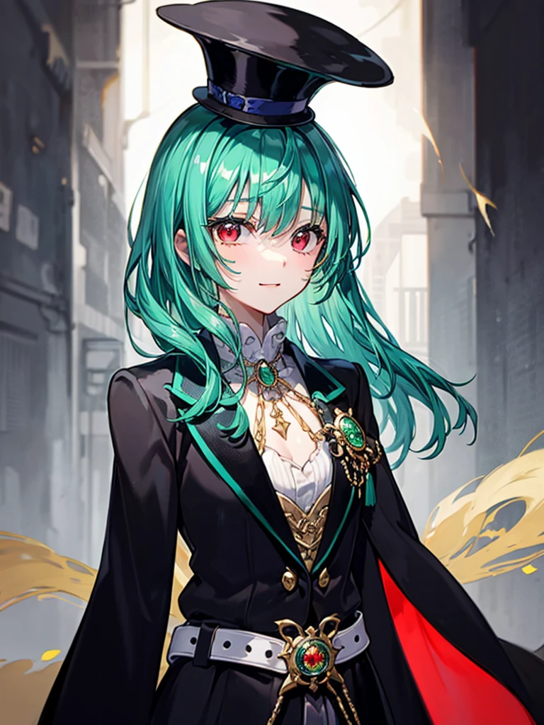 （（（masterpiece、Highest image quality、highest quality、highly detailed unity 8ｋwallpaper）））、（（Illustration of one girl、upper body））、（（（beautiful girl）））、（Emerald green hair、messy hair、sidelocks：1.2、red eyes、crazy smile：1.3）、（（（flat chest）））、（（（monocle）））、pocket watch、（（（Black top hat、Black tuxedo、belt）））