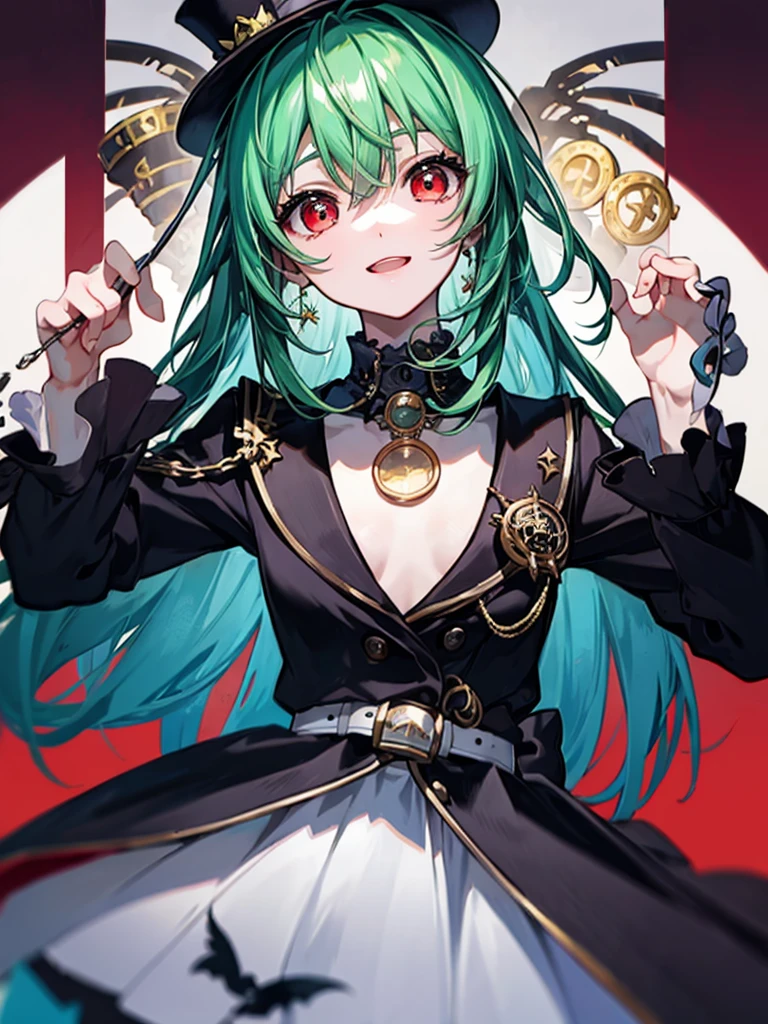 (((masterpiece、Highest image quality、highest quality、highly detailed unity 8kwallpaper)))、((Illustration of one girl、upper body))、(((beautiful girl)))、(Emerald green hair、messy hair、sidelocks:1.2、red eyes、crazy smile:1.3)、(((flat chest)))、(((monocle)))、pocket watch、(((Black top hat、Black tuxedo、belt)))