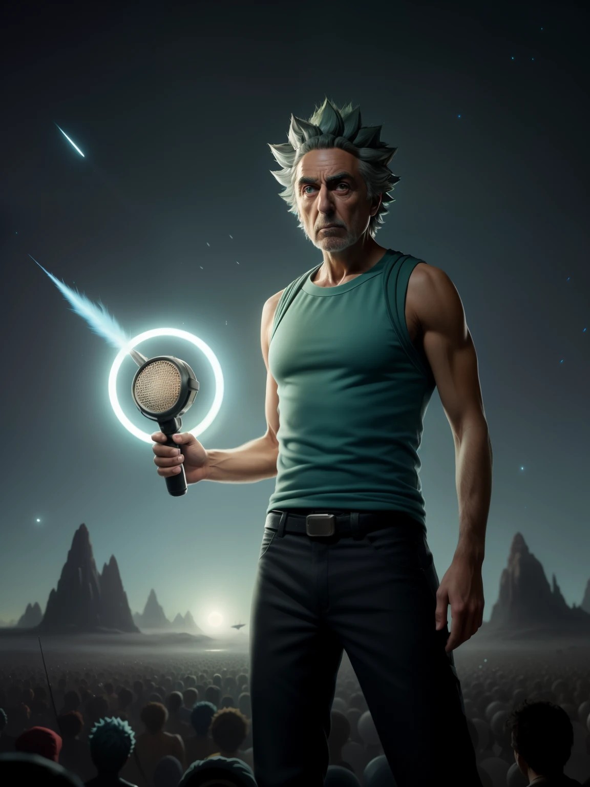 (Rick Sanchez), (estilo cartoon), Rick e Morty Universo, humano (Vestindo um casaco branco de um cientista e camiseta com uma imagem dele e Morty ), (((muscular))) Atey Ghailan, por Jeremy Mann, Greg Manchess, Antonio Moro, trends on artstation, trends at CGSociety, Intricado, alto detalhe, sharp focus, dramatic, arte de pintura fotorrealista de Midjourney e Greg Rutkowski, on stage with microphone speaking