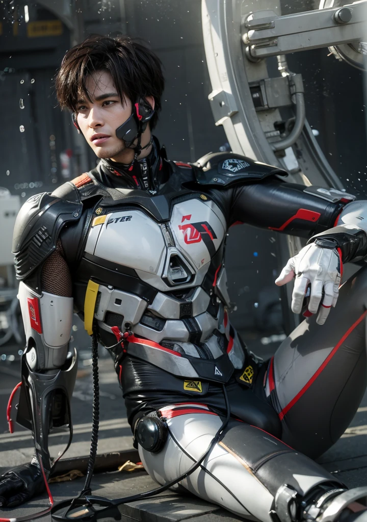 A boy sitting on the floor with the body of a broken hand of a robot