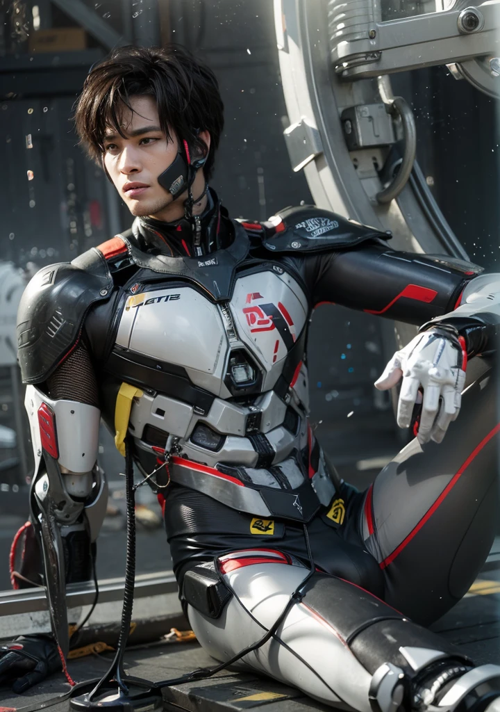 A boy sitting on the floor with the body of a broken hand of a robot