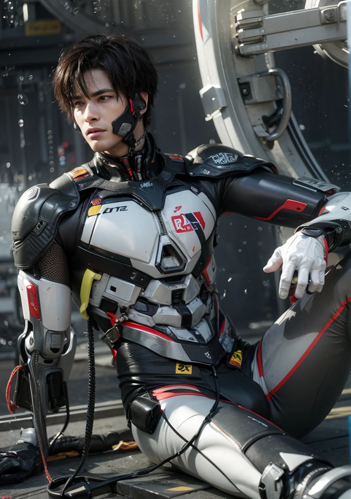 A boy sitting on the floor with the body of a broken hand of a robot