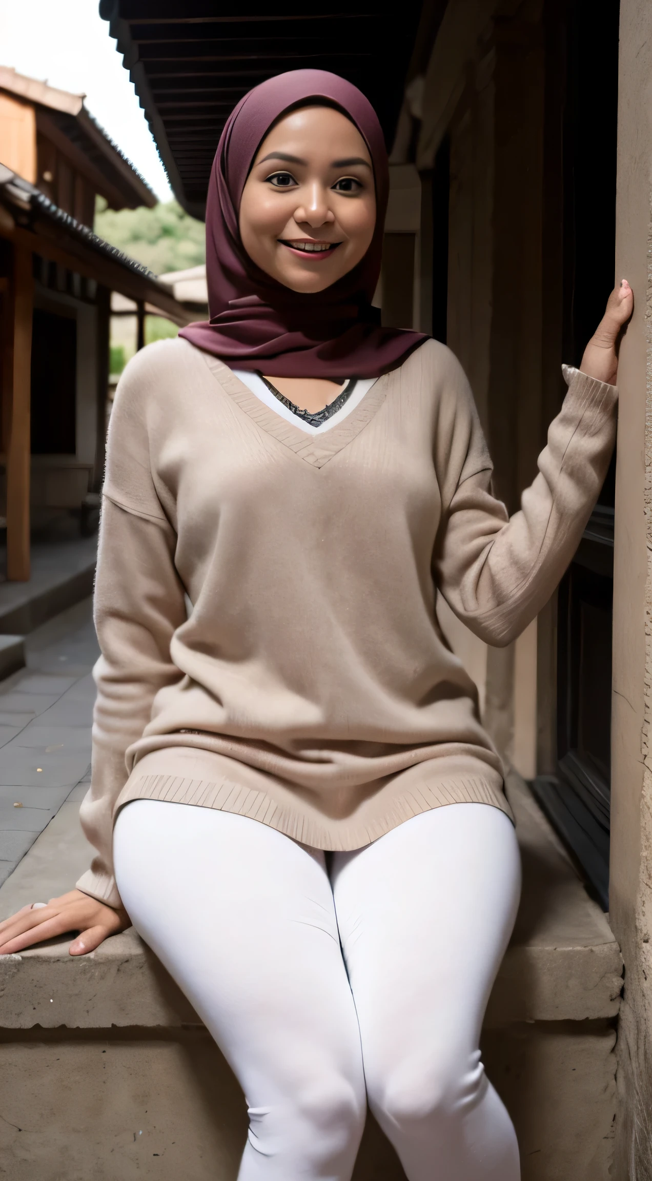 1 malay woman in hijab, (looking at viewer), ((tight white leggings)), (Small buttocks), Emphasize ass, Smaller chest, laughing smile, (hijab flying), pale skin, small breasts thin waist, china street style street, Hyper-Realism, Cinematic lighting, depth of fields, From below, vanishing point, F/2.8, Anatomically correct, Textured skin, Super Detail, award winning, Best Quality, high resolution,