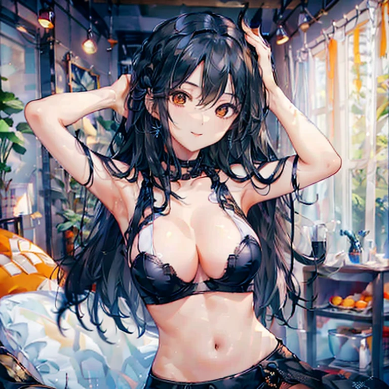 Black hair, orange eyes, large breasts, sexy, beautiful body, masterpiece, blue lingerie, blue underwear, blue bra, smile, bedroom