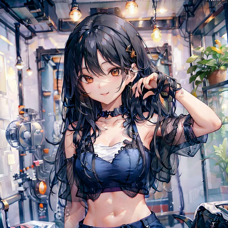 Black hair, orange eyes, large breasts, sexy, beautiful body,  masterpiece,  blue lingerie, blue underwear, blue bra, smile, bedroom 
