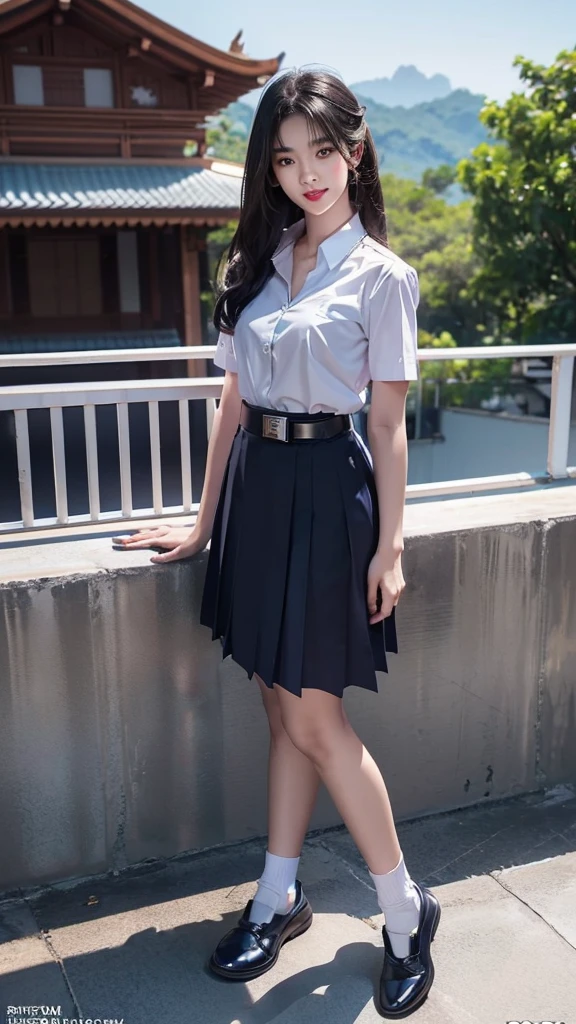 highest resolution, 8K, high definition, (((long hair))), (( thai student, half-caste, Thai-Japanese-Korean, Age 18-25 years, Height 173 centimeters)), (((stand, walk))) , (((Beautiful face, แต่งBeautiful face, Double eyelids, red lips, Smile at the corners of your mouth., Beautiful eyes))), ((beautiful woman, Real figure)), ((short sleeve, Thin white shirt, collar shirt)), ((Name embroidered in blue letters on the right chest of the shirt., have a name "Pornpitak" Rungruangpiwatsakul")), ((สัญลักษณ์โลโก้schoolที่อกซ้าย)), ((Dark blue long pleated skirt., Cover the whole leg)), ((Navy blue skirt, มีbeltผู้หญิง)), ((Big breasts, Breast augmentation)), ((Symmetrical figure, Sexy Body)), ((thin, small waist)), ((black elementary school shoes, Short white socks)), ((Wear a GUESS watch)), ((belt)), ((Chanel Boy Medium 10 Black Caviar RHW Bag)), (((Full body, look at every part of the body))), ((background, balcony, building, school, building))