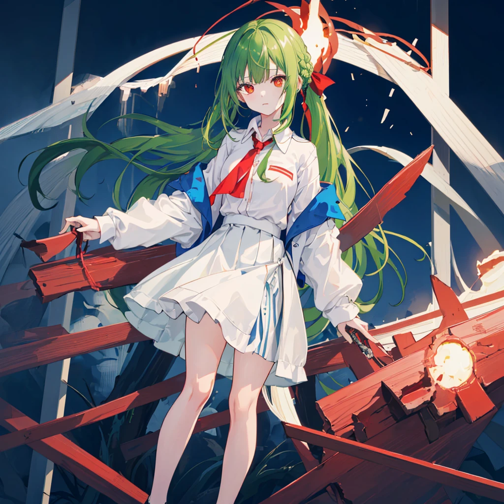 standing , full body , toe、Standing picture、1 girl, solo, , ,(night_sky porn), (very_length_green_hair), Braid, (red_eye), Moderate_chest, (white_shirt:1.5), (windbreaker), fiery_eye, ((masterpiece)), (high resolution), (Highest_quality), (very_be familiar with), (original),(very詳細な 8K 壁紙),, with shadow_face, beautiful_be familiar with_eye, depth_inside_field、perspective、