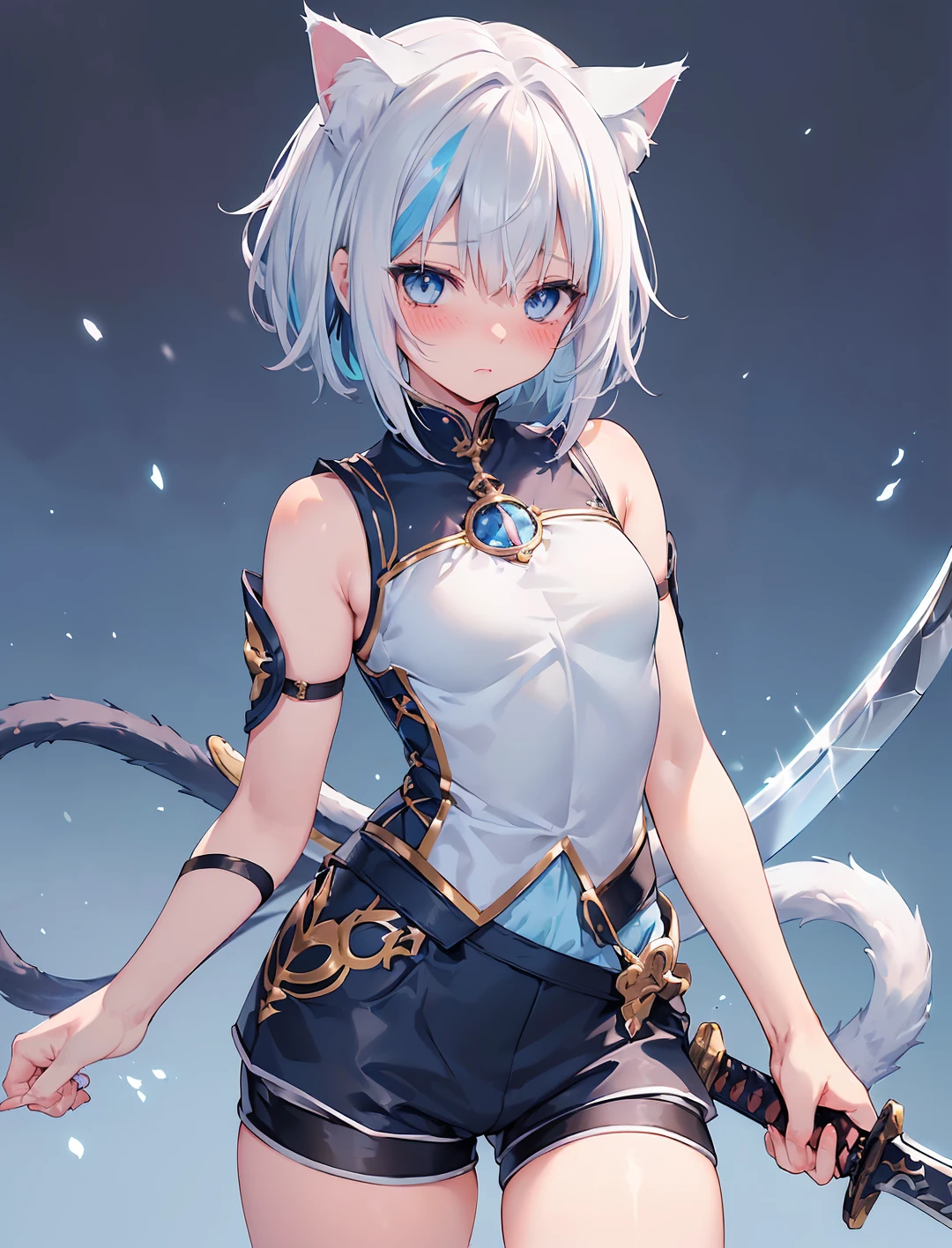 (Masterpiece, Slim Body, Delicate Fingers: 1.2), Best Quality, (Illustration: 1.2), (Hyper Detail), Eye Focus, Ultra Detail, (Fine Detail), (Intricate Detail), HDR, (Ultra Detail: 1.15), (Soft Light: 1.2), 1girl, (tactical outfits:1.4), (fantasy outfit:1.5), (sleeveless:1.5), (short pants:1.5), (White hair and blue highlights:1.5), (light blue eyes:1.3), medium, short hair, solo, (small breasts:1.3), masterpiece, (blushing:1.1), best quality, highly detailed, fullbody image, kwaii, (blue inner hair:1.2), (two-tone hair:1.5), (blushing face:1.4), , (perfect hands, perfect anatomy), (cat ears:1.4), (cat tail:1.5), (holding long sword:1.5)