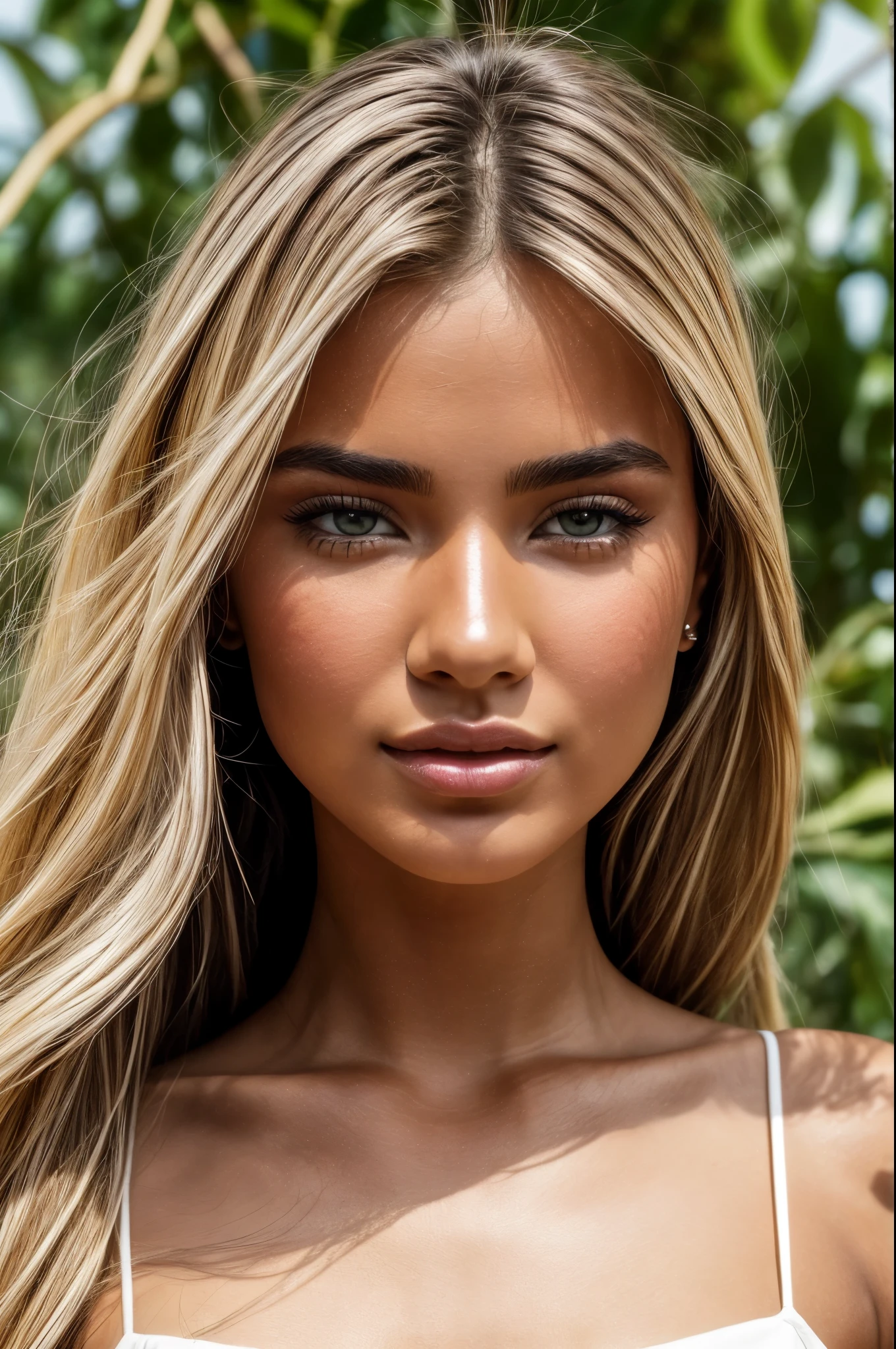 high detail, photorealistic, 8k, high quality, blurred background, photograph of a araffed in a white dress, model, ((from the ground, looking at camera)), countryside, blonde straight hair, face like ester exposito, dua lipa body, valentina remenar, spain rodriguez, malika favre, miranda kerr,, natural makeup, green eyes, cleft chin, ((full body)), deep tan skin, glow, (summer, hot, sunny day), high detailed face, eyes in sharp focus, high quality face, high detailed hands, high quality hands, anatomically correct,