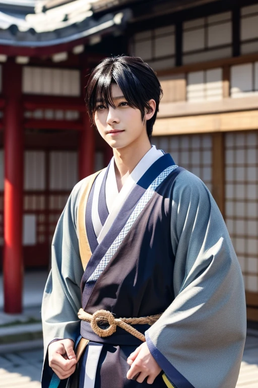 Pictures of handsome Japanese J-pop idol men with dark hair, winter,wearing a kimono、Looking straight ahead and looking away、dancing、