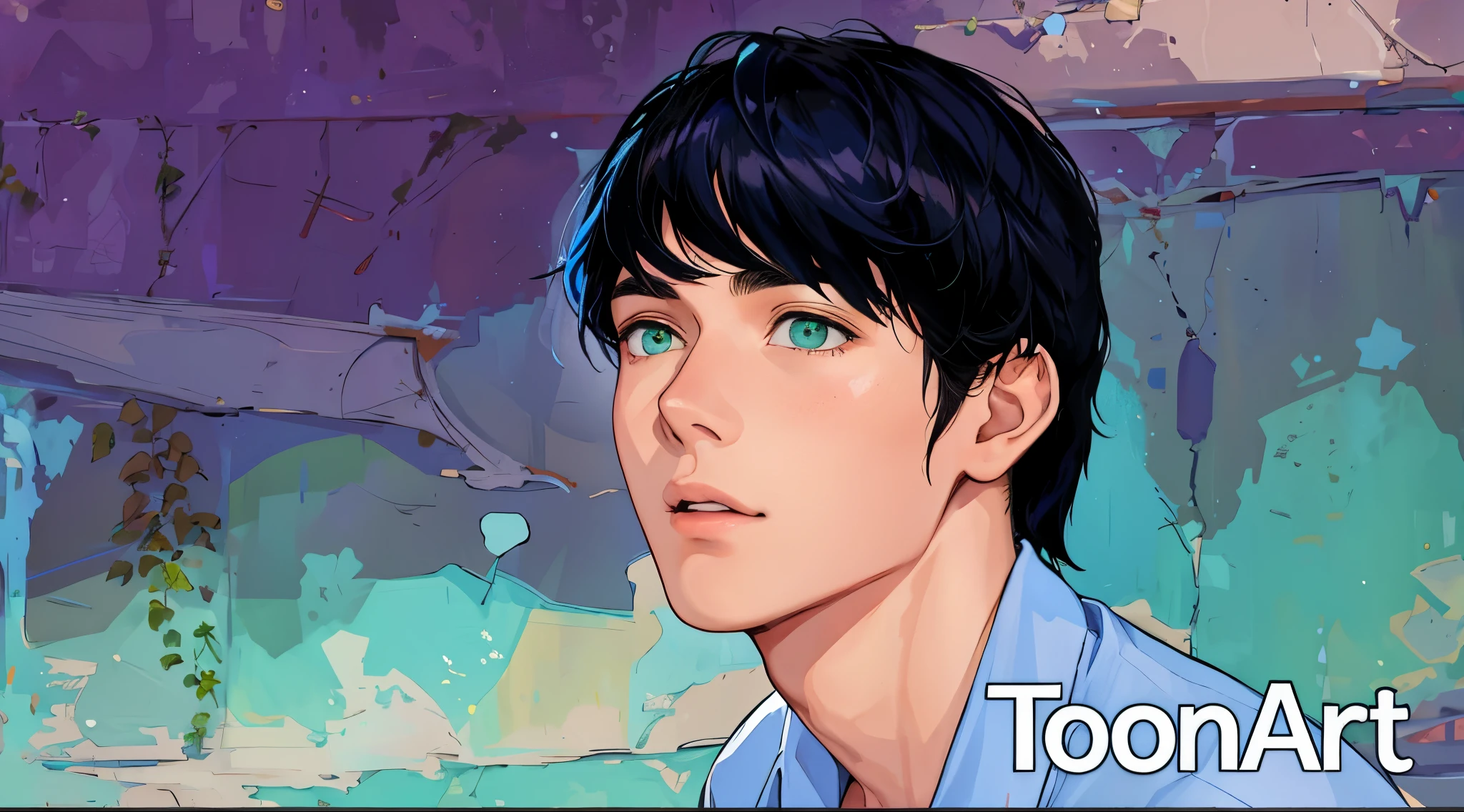 There is a handsome young man of 16 years old, his clothes are blue and his hair is green, green eyes.