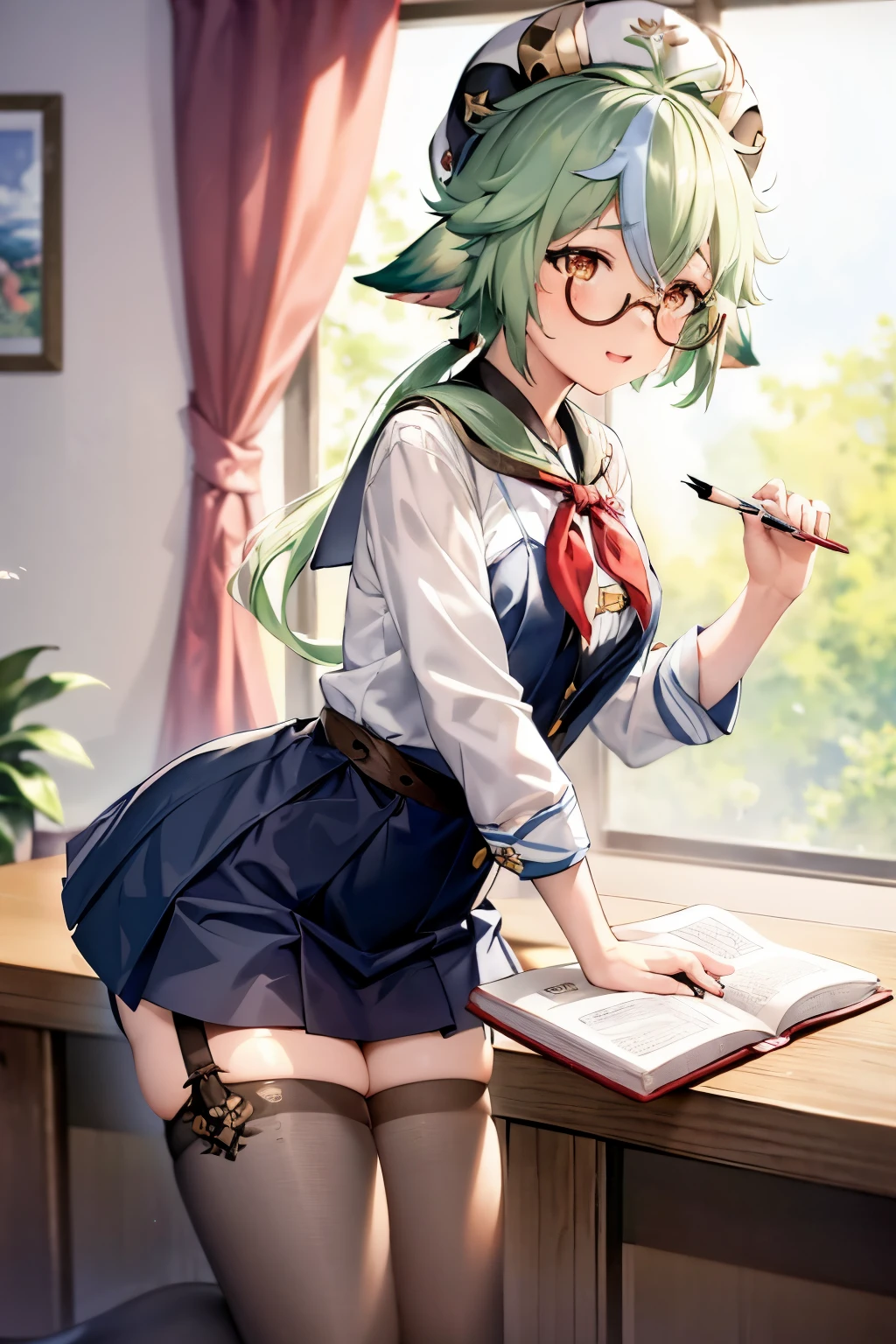 masterpiece, best quality, 1girl, skirt, school uniform, thighhighs, hat, cherry blossoms, green hair, blue skirt, pleated skirt, long hair, alternate costume, glasses, long sleeves, open mouth, semi-rimless eyewear, slime (genshin impact), shoes, serafuku, petals, neckerchief, white shirt, book, holding, shirt, red neckerchief, brown footwear, multicolored hair, sailor collar, white headwear, bangs, loafers, pencil, zettai ryouiki, blush, looking at viewer, animal ears, paper, full body, hat removed, solo, streaked hair, headwear removed, orange eyes, hair between eyes, black thighhighs, very long hair, pen, contemporary, hands up, notebook, open book, sidelocks, blue sailor collar, ponytail, under-rim eyewear, brown eyes, low ponytail, floating, blurry, smile, holding book, yellow eyes, eraser, holding pencil, two-tone hair, cat ears, dango