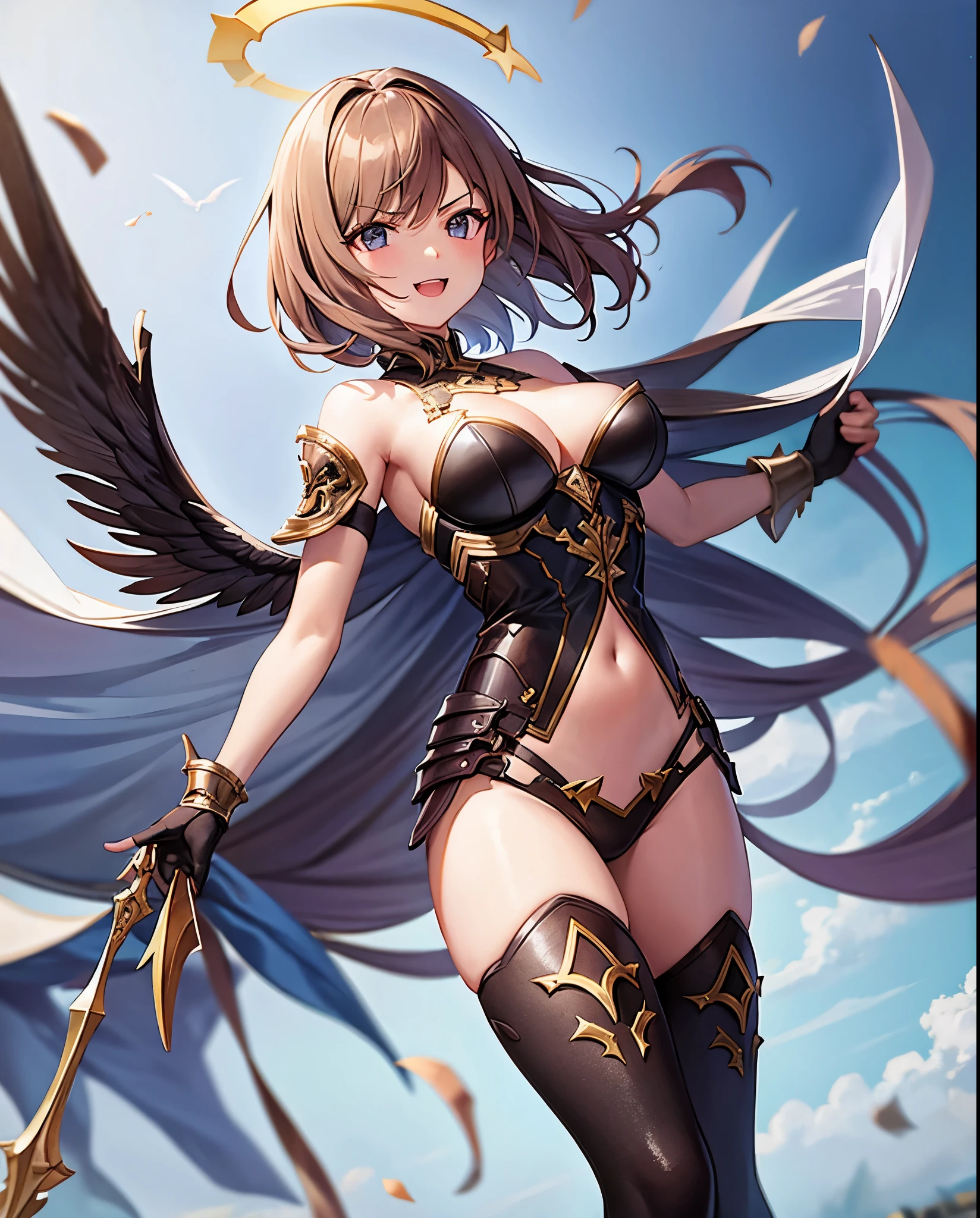fantasy, 1angel_girl,, ,brown_hair, medium_bob_hair, long_bangs, halo,bare_shoulder,thighhighs,silver_armor, waist_armor, large_breasts,angry,grinning,open_mouth_teeth, 1pair_wings, dynamic_pose_fighting,floating, bare_crotch, headgear,gauntlet, greaves,city_sky_background,slightly_spread_legs, solo, groin_naked,dark_skin,