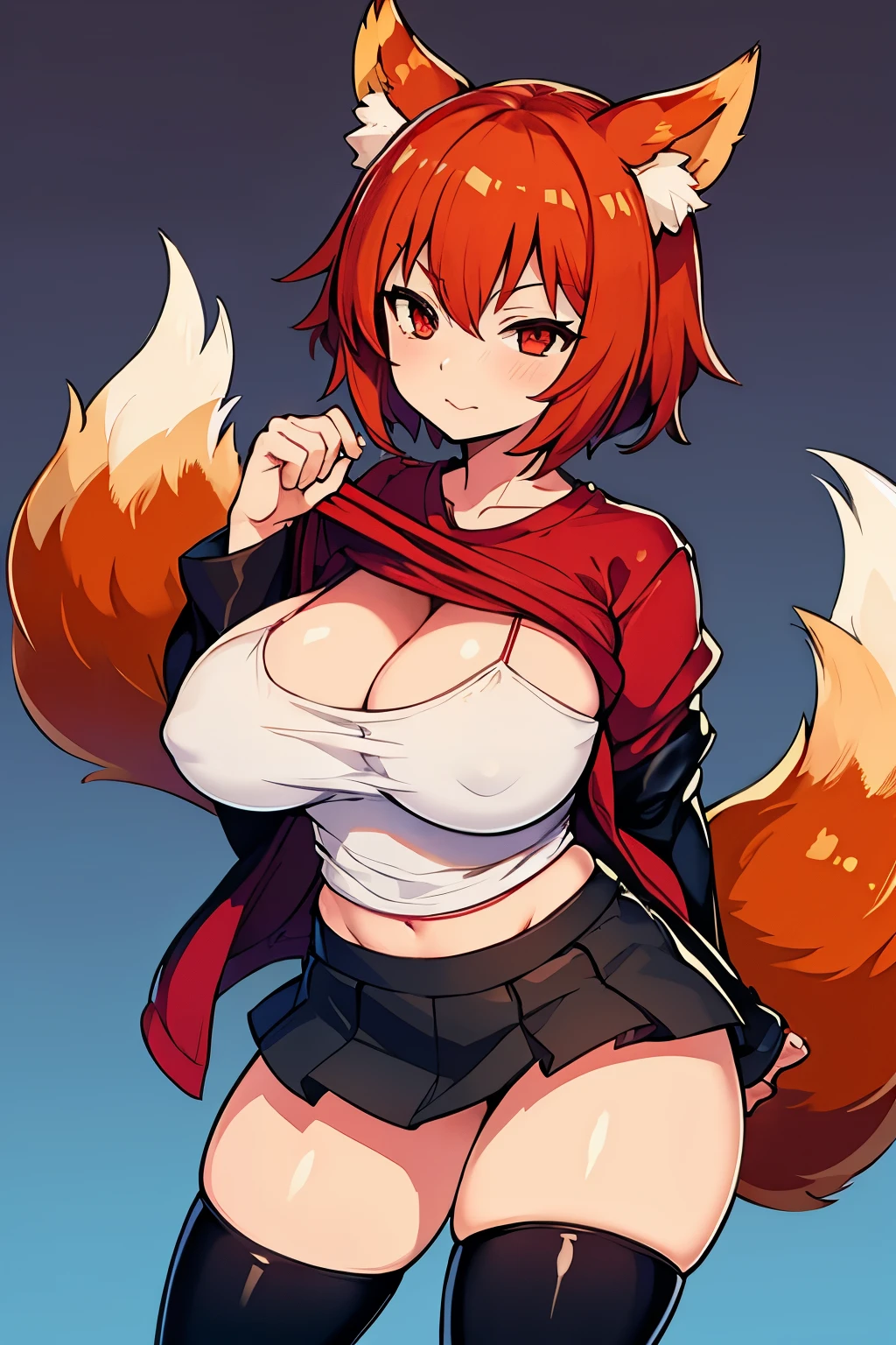 Kitsune, sexy pose, red hair, red tail, big breasts, red eyes, sly face, short-sleeved T-shirt, short skirt lifted up