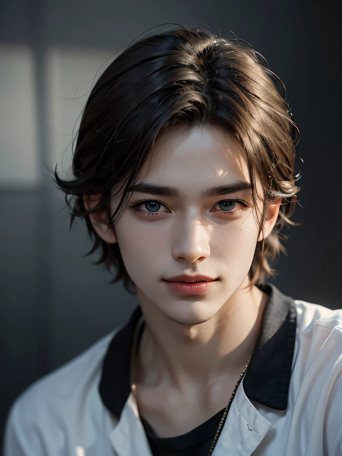 1boy, 17 yr old, teenaged, Light-brown hair, azure blue big eyes, Solo Focus Teen Facial, white shirt, a handsome, Smiling, Realistic, The dynamic pose is realistic, Detailed and correct facial structure, Leon S. Kennedy, a handsome, Extremely detailed, Dynamic Angle, cowboyshot, The Most Beautiful Shape, elegant, bright colours, romanticism, James Jean, roby dwi antono, by Ross Tran, francis bacon, michal mraz, adrian ghenie, petra cortright, gerhard richter, takato yamamoto, ashley wood, atmospheric, boy